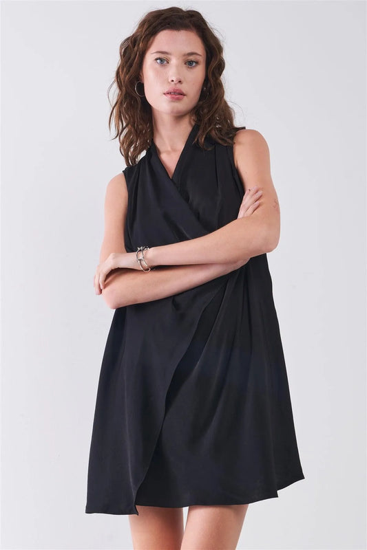 Black V-Neck Sleeveless Wrap Loose Fit Mini Dress /1-2-2-1 - Tasha Apparel Wholesale