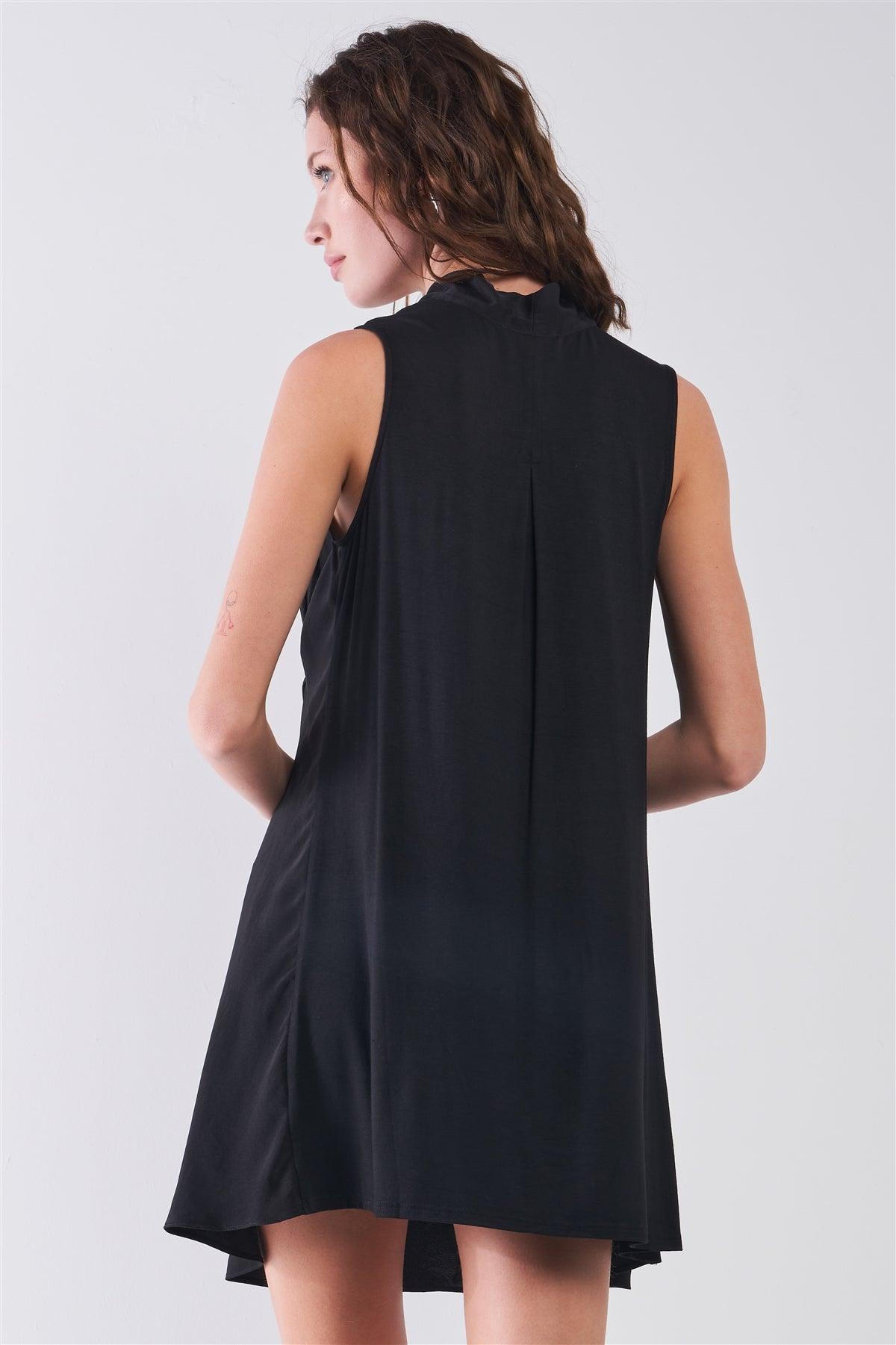 Black V-Neck Sleeveless Wrap Loose Fit Mini Dress /1-2-2-1
