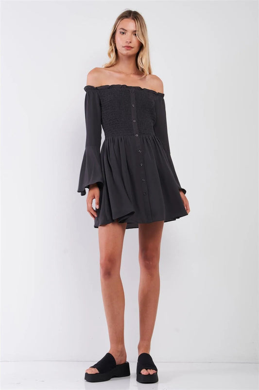 Charcoal Grey Frill Off-The-Shoulder Trumpet Sleeve Smock Flare Mini Dress /2-1-2-1 - Tasha Apparel Wholesale