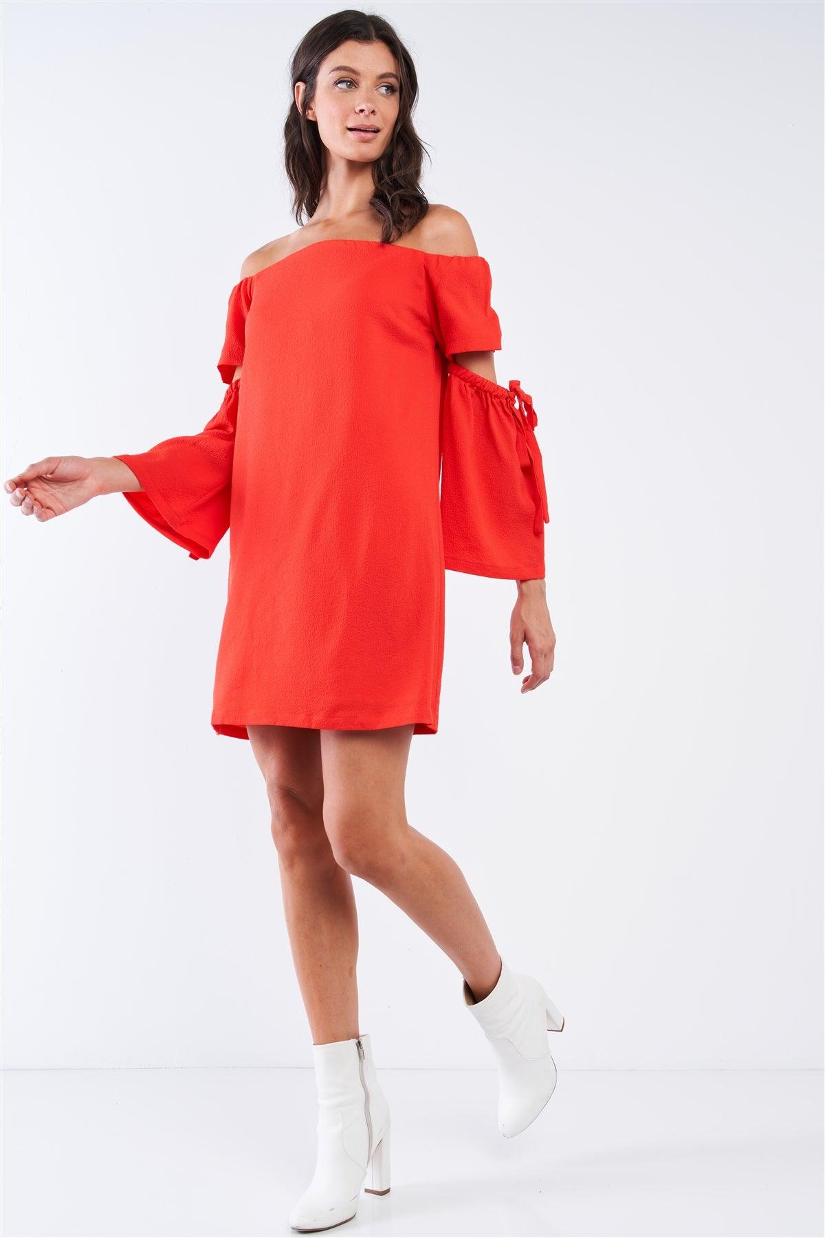 Coral Red Off-The-Shoulder Relaxed Fit Cut Out Bell Sleeve With Elastic Ribbon Tie Mini Dress /1-2-2-1