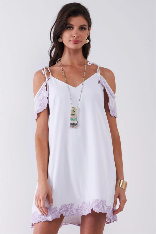 White & Purple Floral Embroidery Detail Wing Mini Sleeve V-Neck Relaxed Mini Dress /1-2-2-1 - Tasha Apparel Wholesale