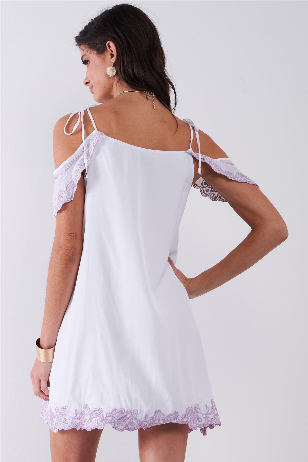 White & Purple Floral Embroidery Detail Wing Mini Sleeve V-Neck Relaxed Mini Dress /1-2-2-1