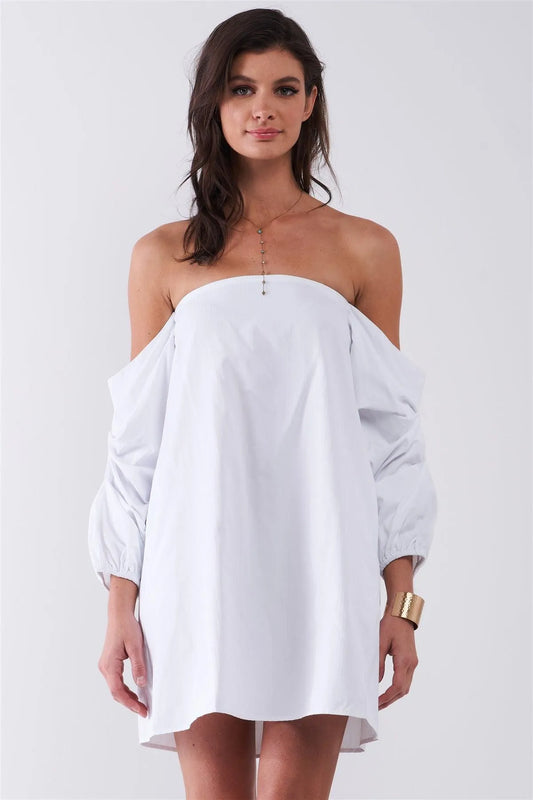 Romance Me White Transparent Stripe Print Off-The-Shoulder Gathered Balloon Sleeve Loose Shirt Mini Dress /1-2-2-1 - Tasha Apparel Wholesale