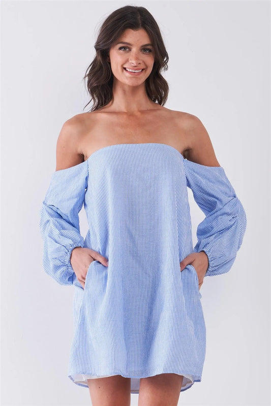 Baby Blue & White Stripe Print Off-The-Shoulder Gathered Balloon Sleeve Loose Shirt Mini Dress /1-2-2-1 - Tasha Apparel Wholesale