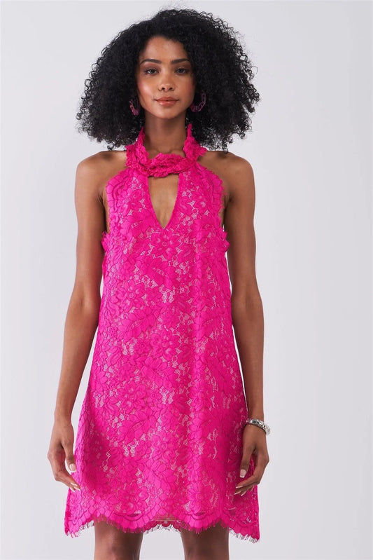 Magenta Crochet Embroidery Halter Neck Sleeveless Cut-Out Detail Mini Dress /1-2-1 - Tasha Apparel Wholesale