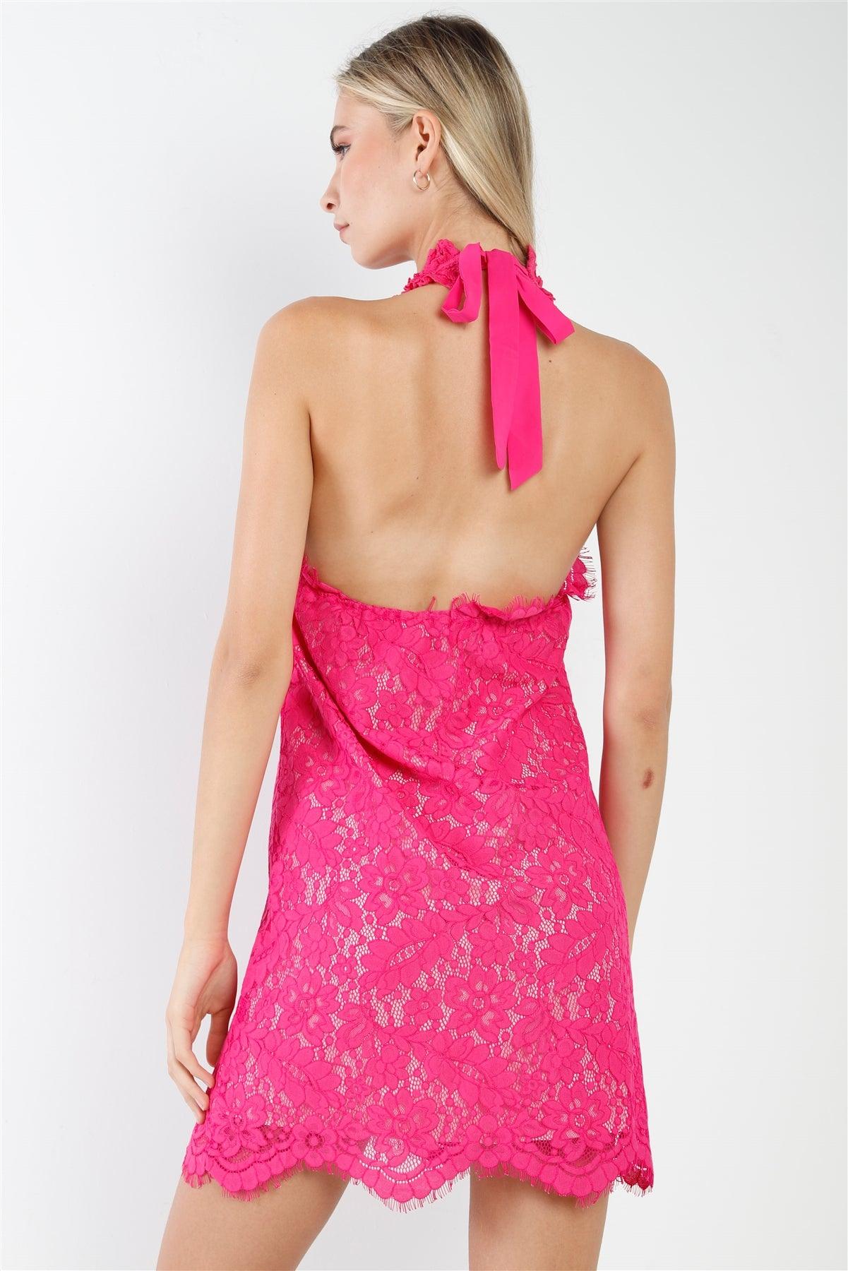 Magenta Crochet Embroidery Halter Neck Sleeveless Cut-Out Detail Mini Dress /1-2-2-1