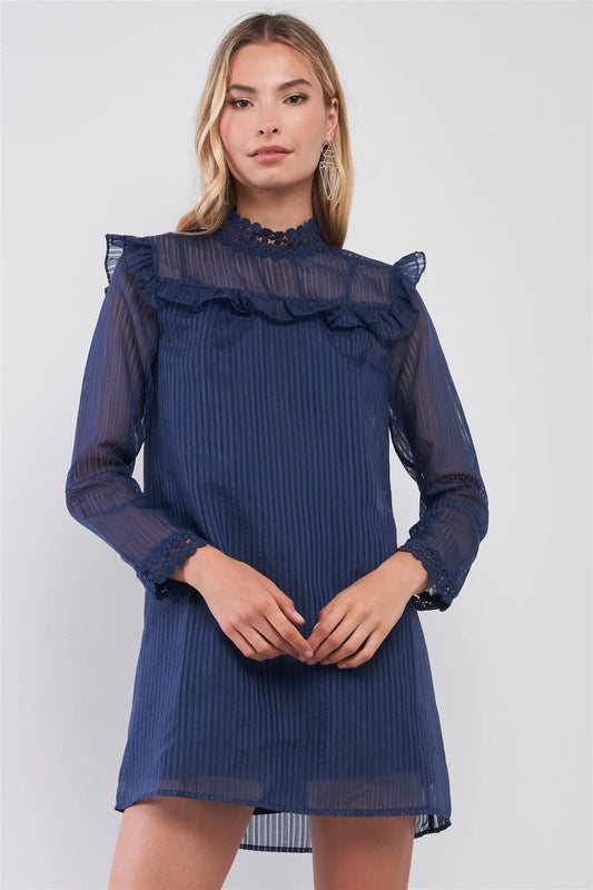 Victorian Blue Sheer Striped Ruffle Trim Mock Neck Long Sleeve Crochet Detail Straight Mini Dress /1-2-2-1 - Tasha Apparel Wholesale