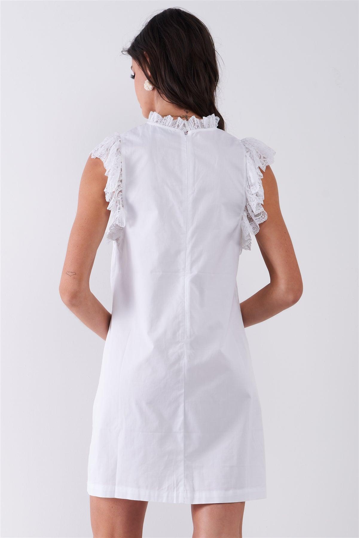 White Solid Sleeveless Lace Frill Trim Relaxed Mini Dress /1-1-2-1