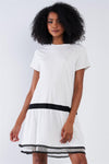Off-White Black Detail Loose Shapeless Lined Double Mesh Bottom Layer Crew Neck Mini Sleeve T-Shirt Mini Dress /1-2-2-1