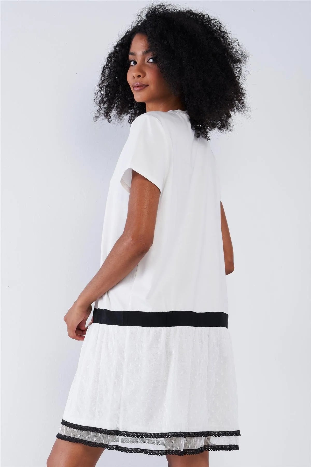 Off-White Black Detail Loose Shapeless Lined Double Mesh Bottom Layer Crew Neck Mini Sleeve T-Shirt Mini Dress /1-2-2-1 - Tasha Apparel Wholesale