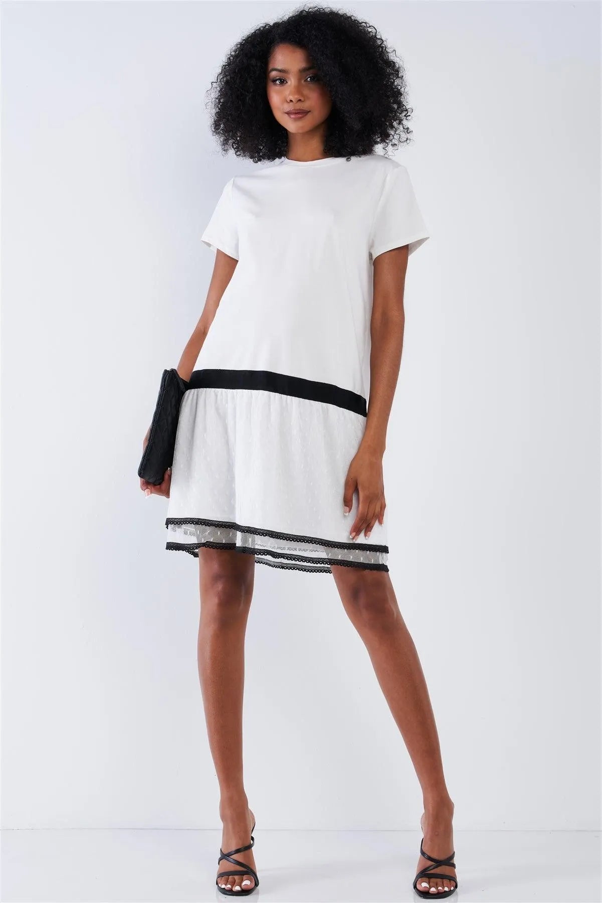 Off-White Black Detail Loose Shapeless Lined Double Mesh Bottom Layer Crew Neck Mini Sleeve T-Shirt Mini Dress /1-2-2-1 - Tasha Apparel Wholesale