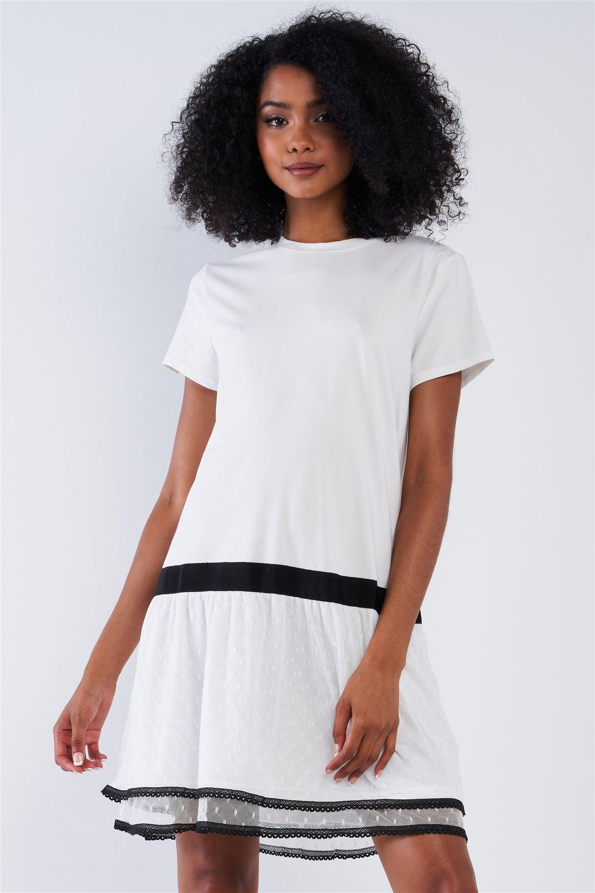 Off-White Black Detail Loose Shapeless Lined Double Mesh Bottom Layer Crew Neck Mini Sleeve T-Shirt Mini Dress