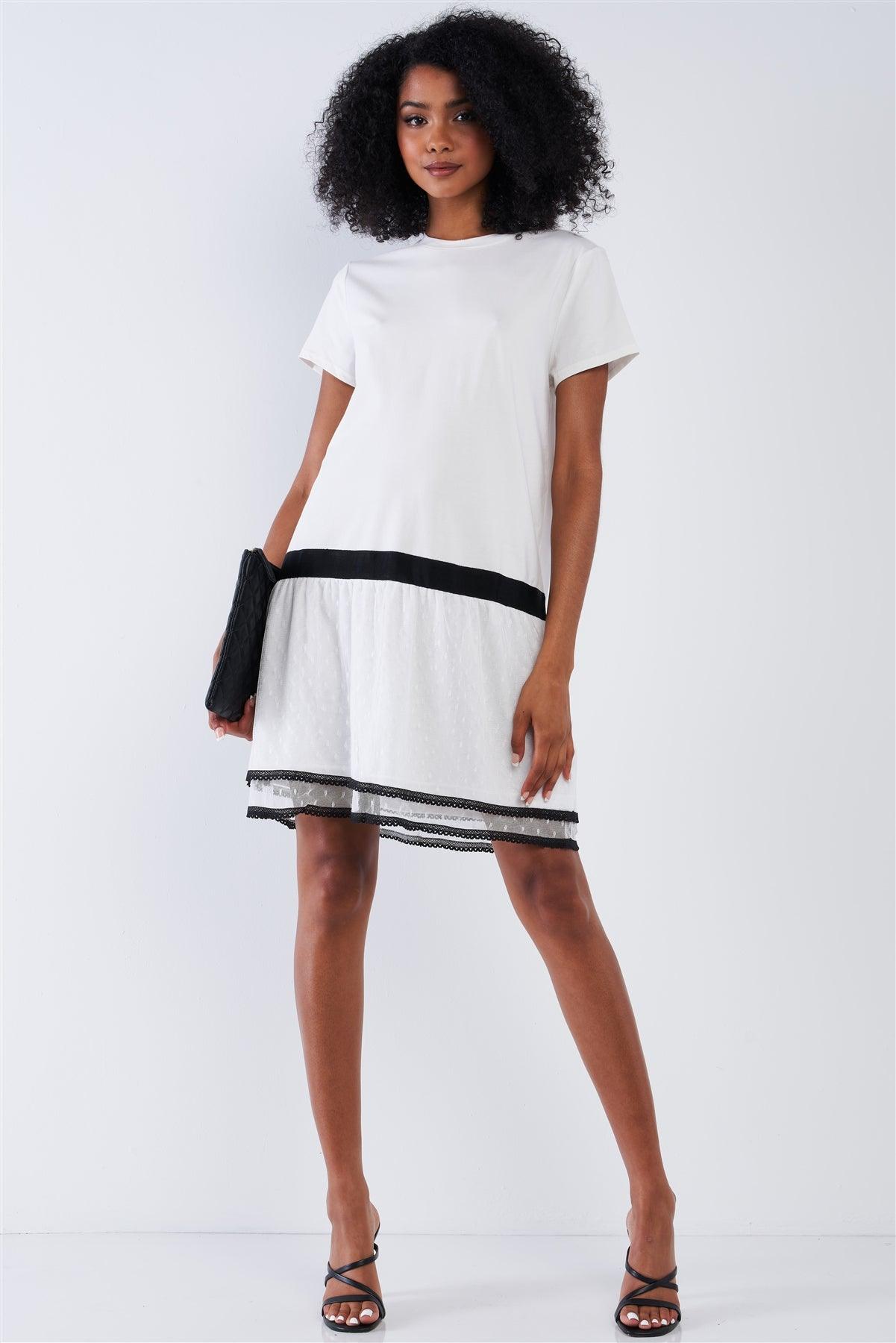 Off-White Black Detail Loose Shapeless Lined Double Mesh Bottom Layer Crew Neck Mini Sleeve T-Shirt Mini Dress