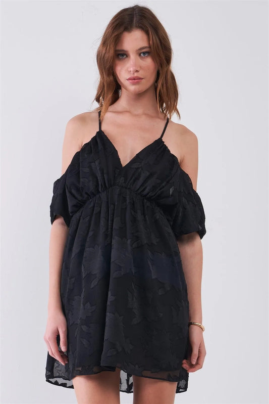 Black Mesh Floral Print Plunging V-Neck Gathered Off-The-Shoulder Flare Mini Dress /1-2-2-1 - Tasha Apparel Wholesale