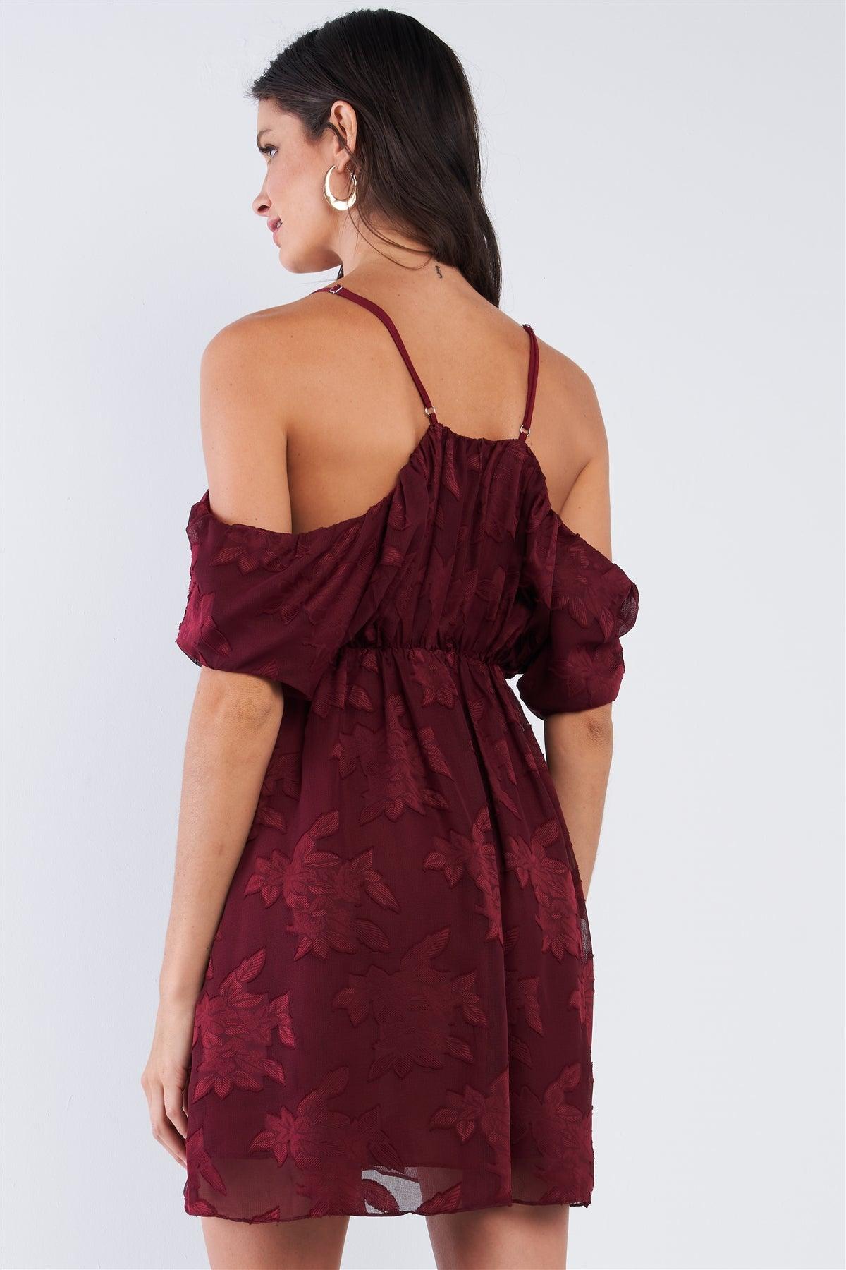 Burgundy Red Floral Print Mesh Deep Plunge V-Neck Off-The-Shoulder Mini Dress /1-2-2-1
