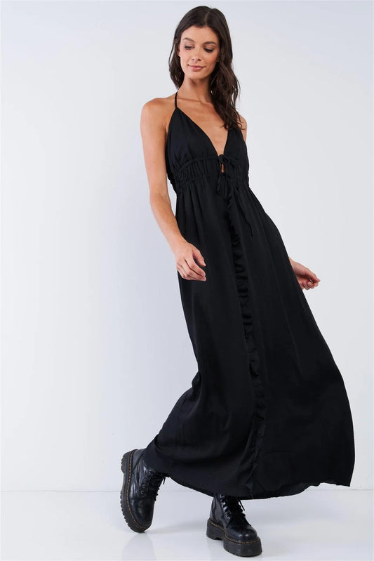 Solid Black Satin Open Back Halter Draw String Tie Top Ruffle Vertical Top-To-Bottom Hem Stretchy Waistline Maxi Dress - Tasha Apparel Wholesale