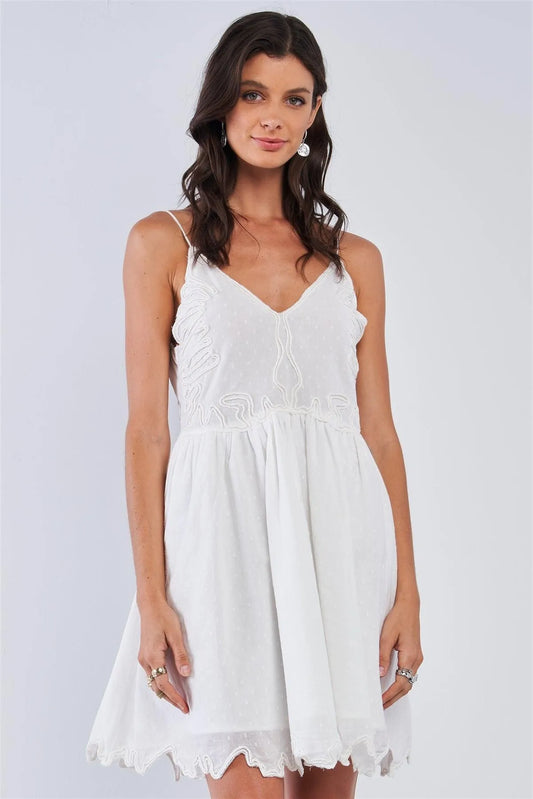 White Boho Relaxed Fit Sleeveless V-Neck Butterfly Wing Embroidered Polka Dot Mesh Chest Uneven Hem Mini Dress /2-2-1 - Tasha Apparel Wholesale