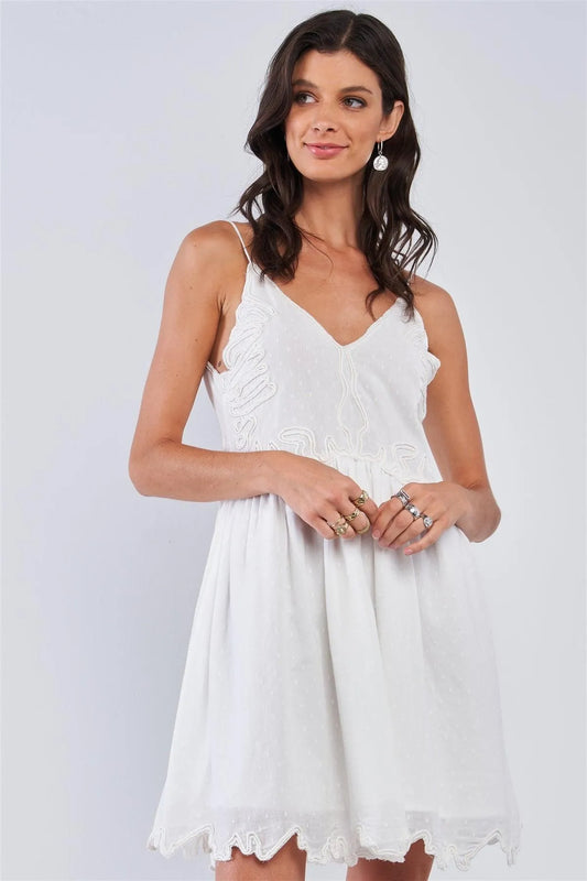 White Boho Relaxed Fit Sleeveless V-Neck Butterfly Wing Embroidered Polka Dot Mesh Chest Uneven Hem Mini Dress /1-2-2-1 - Tasha Apparel Wholesale