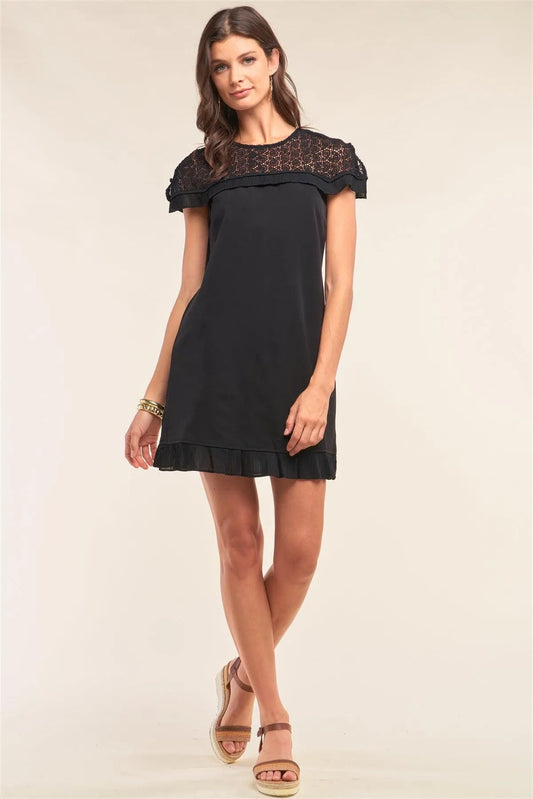 Black Crochet Lace Trim Self-Tie Crew Neck Pleated Hem Detail Relaxed Fit Mini Dress /1-3-1 - Tasha Apparel Wholesale