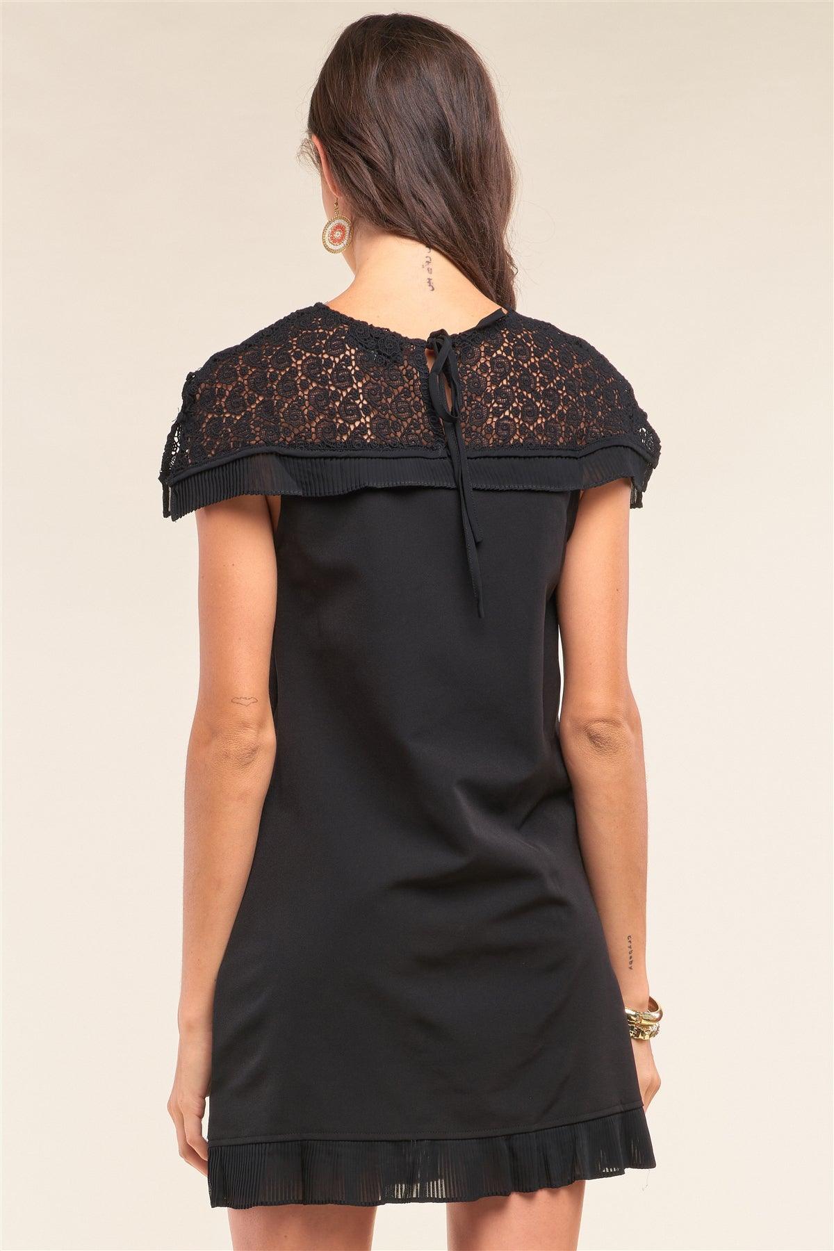 Black Crochet Lace Trim Self-Tie Crew Neck Pleated Hem Detail Relaxed Fit Mini Dress /1-3-1