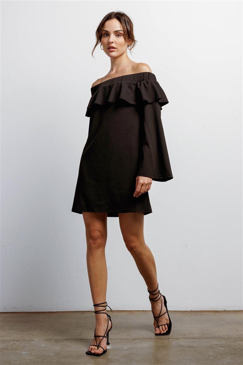 Black Off-The-Shoulder Ruffle Long Bell Sleeve Mini Dress /1-2-2-1