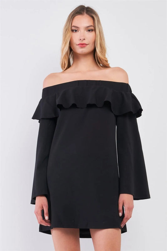 Black Off-The-Shoulder Ruffle Long Bell Sleeve Mini Dress /3-2-1 - Tasha Apparel Wholesale