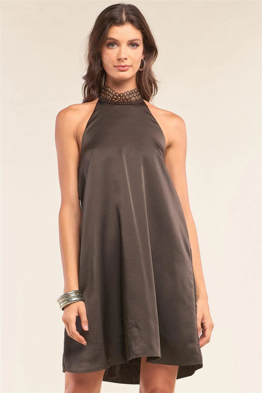Dark Brown Satin Sleeveless Relaxed Fit Keyhole Trim Self-Tie Halter Neck Open Back Mini Dress /1-2-2-1 - Tasha Apparel Wholesale