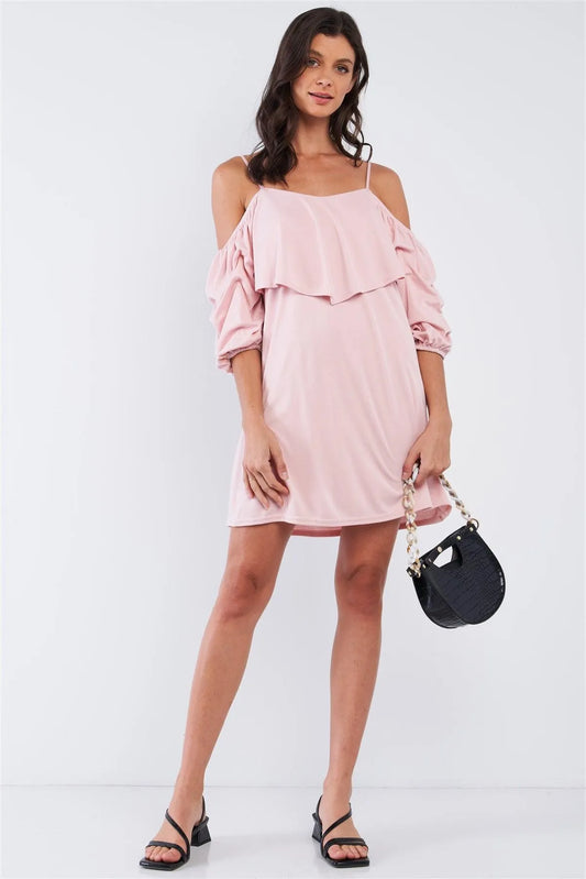 Blush Pink Loose Fit V-Neck Off-The-Shoulder Gathered Sleeve Detail Mini Dress /2-2-1 - Tasha Apparel Wholesale