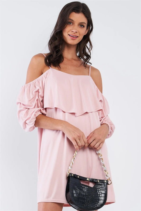 Blush Pink Loose Fit V-Neck Off-The-Shoulder Gathered Sleeve Detail Mini Dress /1-2-2-1 - Tasha Apparel Wholesale