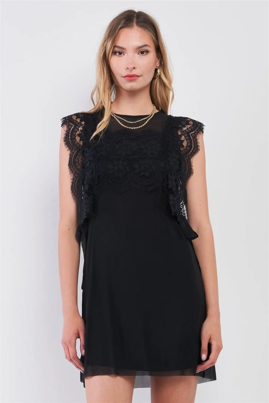 Black Mesh Sleeveless Lace Trim Round Neck Self-Tie Side Detail Straight Mini Dress /1-2-2-1 - Tasha Apparel Wholesale