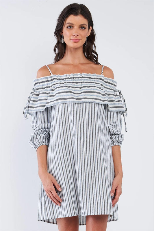 Striped Off-The-Shoulder Ruffle Hem Mini Dress - Tasha Apparel Wholesale