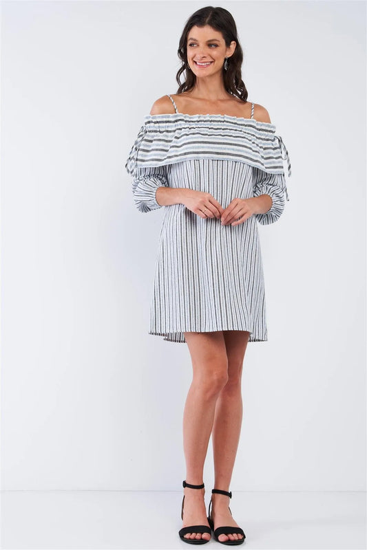 Loose Fit Striped Off-The-Shoulder Ruffle Hem Mini Dress /2-2-2 - Tasha Apparel Wholesale