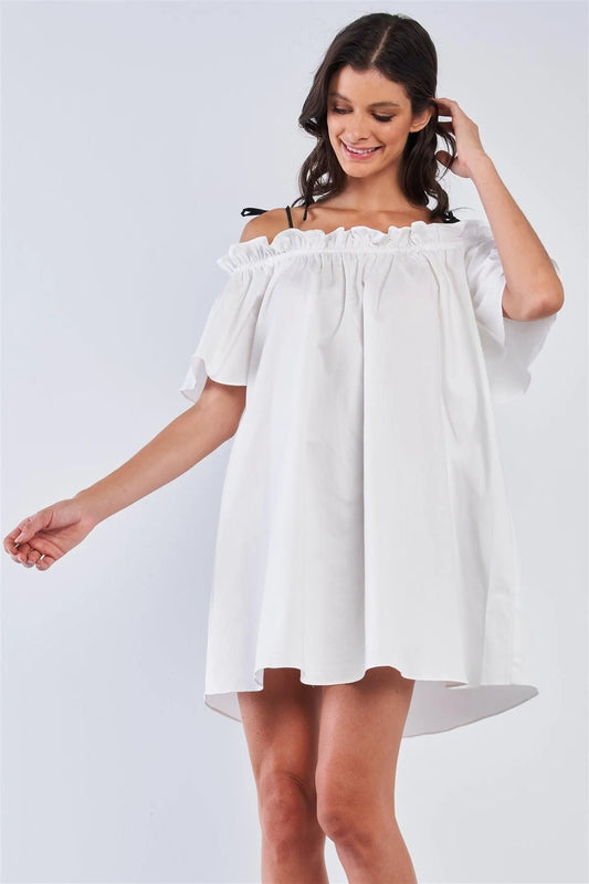 White Off The Shoulder Ruffle Detail Self-Tie Cami Straps Mini Dress / 1-2-2-1 - Tasha Apparel Wholesale