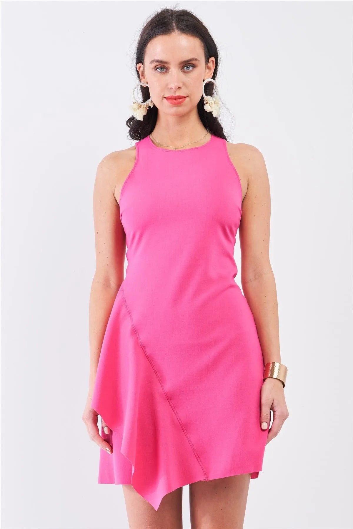 Wholesale Hot-Pink Sleeveless Round Neck Fitted Asymmetrical Mini Dress