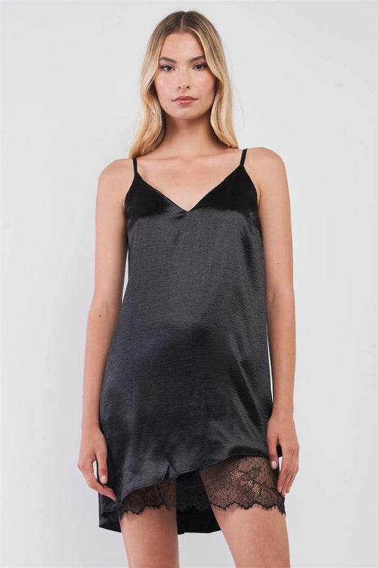 Black Satin Sleeveless Relaxed Fit V-Neck Asymmetrical Lace Hem Detail Slip Mini Dress /1-2-2-1 - Tasha Apparel Wholesale