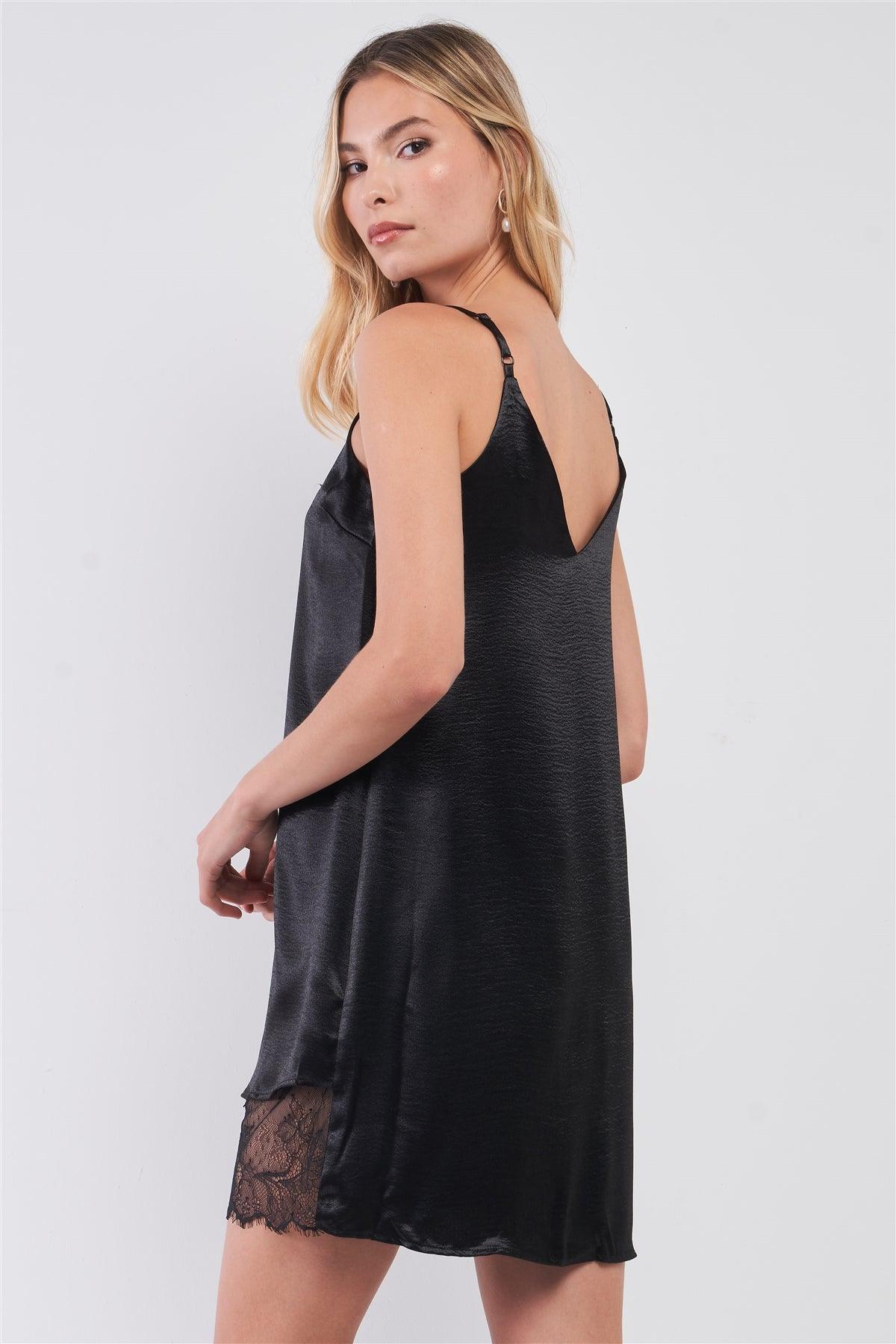 Black Satin Sleeveless Relaxed Fit V-Neck Asymmetrical Lace Hem Detail Slip Mini Dress /1-2-2-1