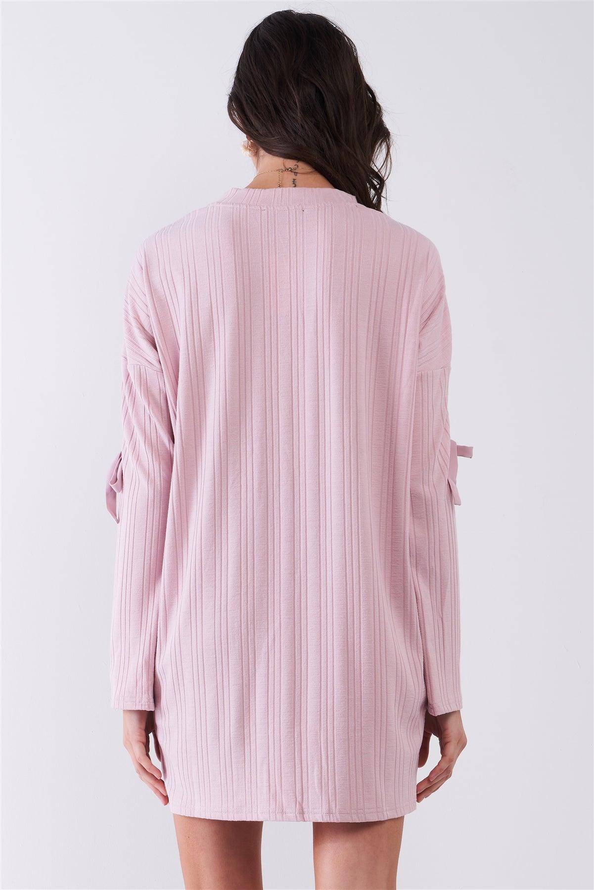 Shell Pink Ribbed Self-Tie Detail Long Sleeve Mock Neck Loose Mini Dress /1-2-2