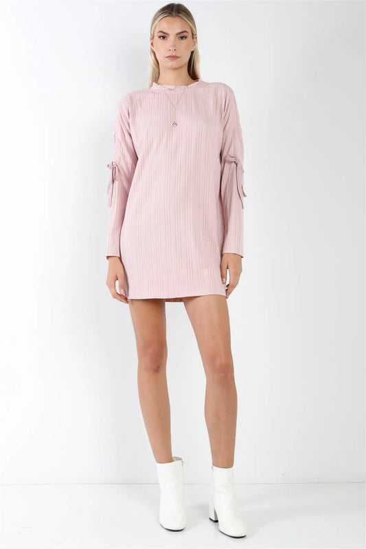 Shell Pink Ribbed Self-Tie Detail Long Sleeve Mock Neck Loose Mini Dress /1-2-2-1 - Tasha Apparel Wholesale