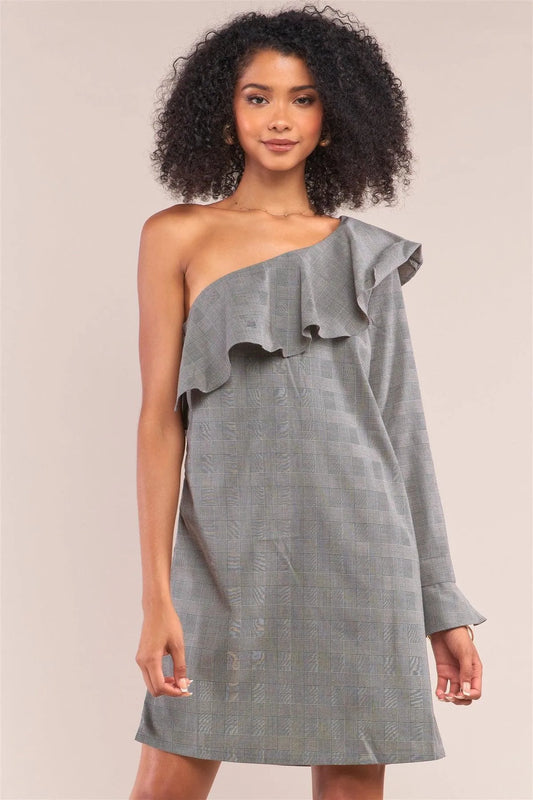Grey Checkered Print One-Shoulder Flare Hem Long Sleeve Relaxed Fit Mini Dress /1-2-2-1 - Tasha Apparel Wholesale