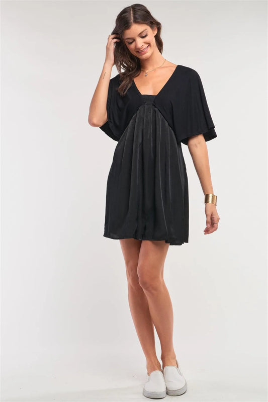 Onyx Black Satin Self-Tie Back Neck Angel Sleeve Pleated Mini Dress /1-2-2 - Tasha Apparel Wholesale