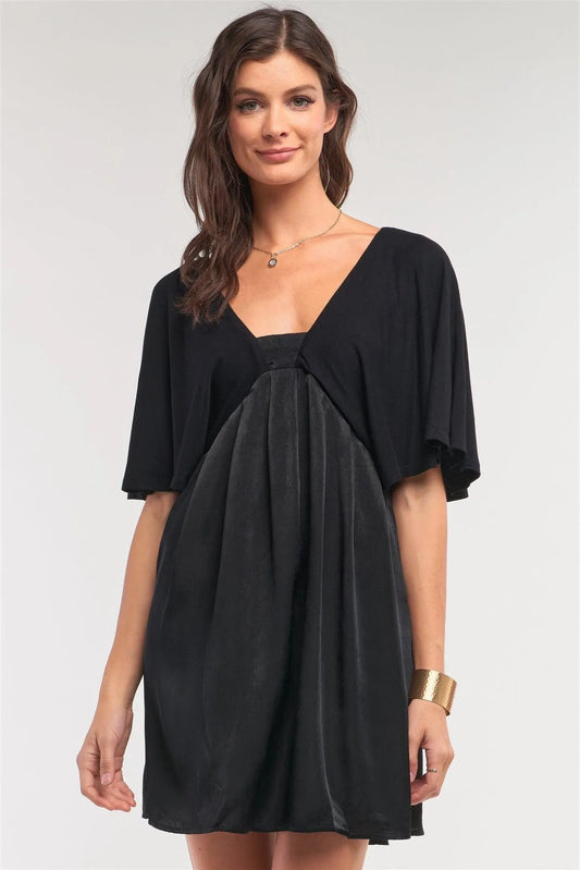 Onyx Black Satin Self-Tie Back Neck Angel Sleeve Pleated Mini Dress /1-2-2-1 - Tasha Apparel Wholesale