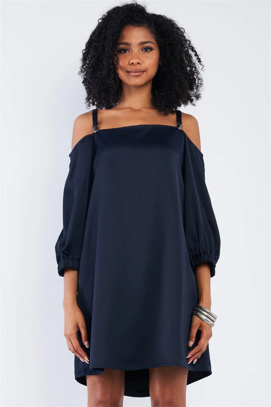 Silky Navy Blue Off-The-Shoulder Balloon Midi Sleeve Relaxed Fit Mini Dress - Tasha Apparel Wholesale