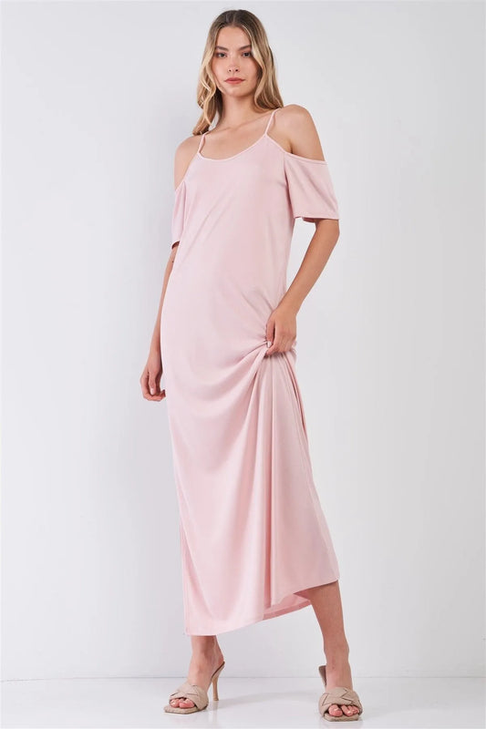 Blush Ribbed Cold Shoulder Round Neck Side Slit Detail Maxi Dress /1-2-2-1 - Tasha Apparel Wholesale