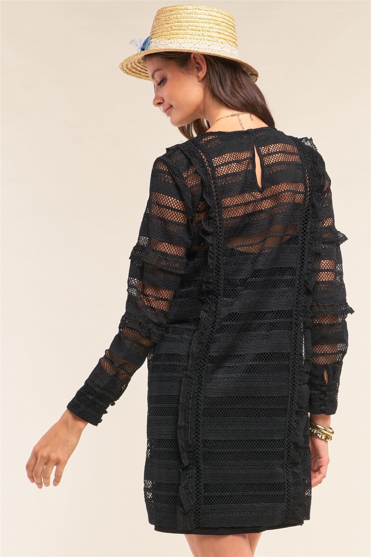 Black Crochet Lace Mesh Crew Neck Long Sleeve Frill Trim Detail Mini Dress /2-2-1