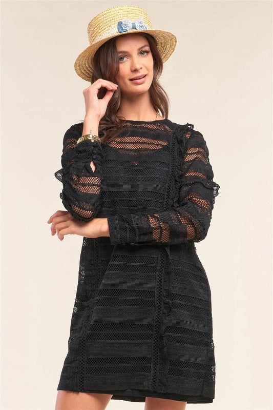Black Crochet Lace Mesh Crew Neck Long Sleeve Frill Trim Detail Mini Dress /1-2-2-1 - Tasha Apparel Wholesale