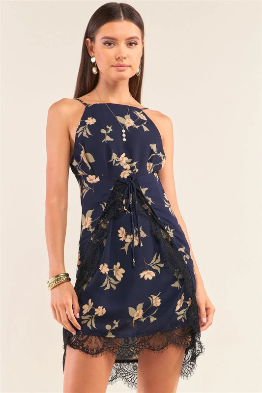 Navy Multi Floral Halter Neck Sleeveless Front Self-Tie Lace Trim Slip Mini Dress /2-2-2 - Tasha Apparel Wholesale