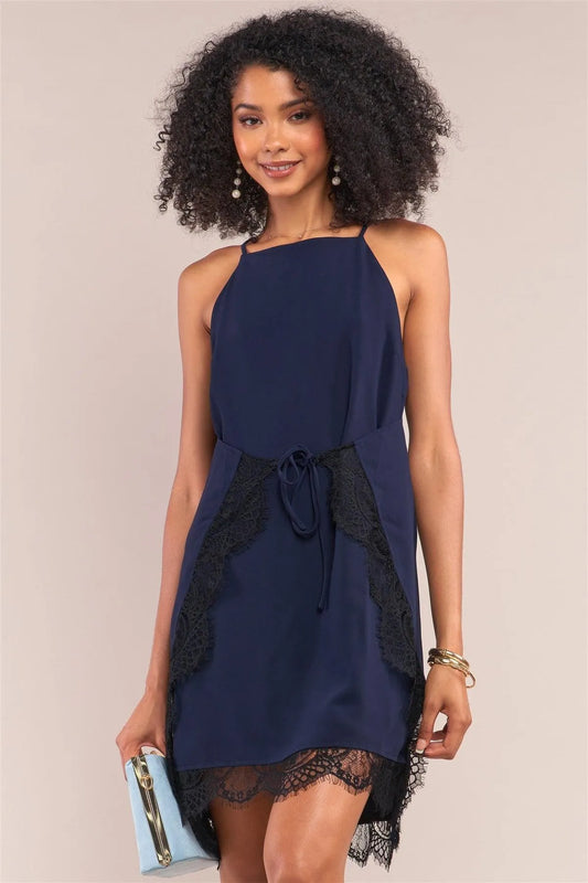 Navy Halter Neck Sleeveless Front Self-Tie Lace Trim Slip Mini Dress /1-2-2-1 - Tasha Apparel Wholesale