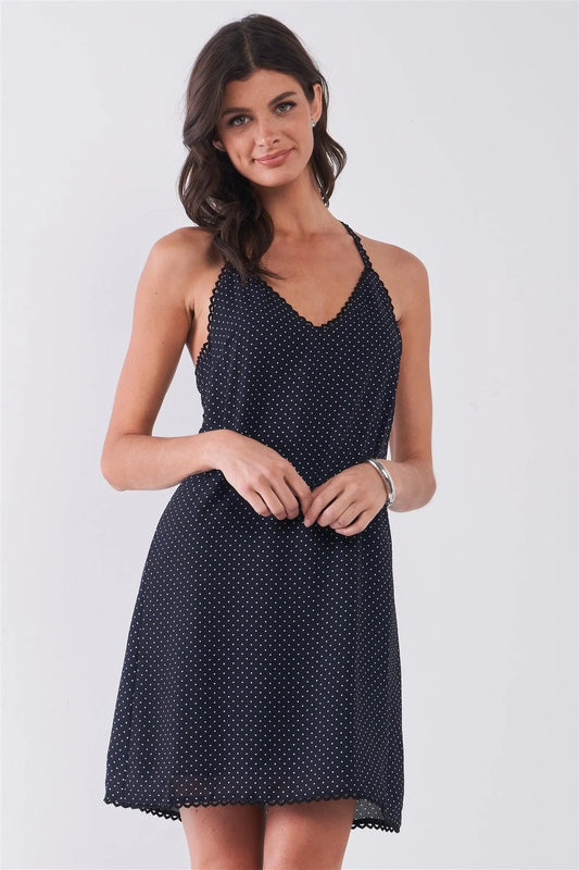 Navy & White Polka Dot Sleeveless V-Neck Racer Back Detail Relaxed Mini Dress /1-2-2-1 - Tasha Apparel Wholesale