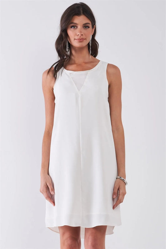 White Round Neck Sleeveless Front Cut-In Mesh Detail Mini Dress /1-2-2-1 - Tasha Apparel Wholesale