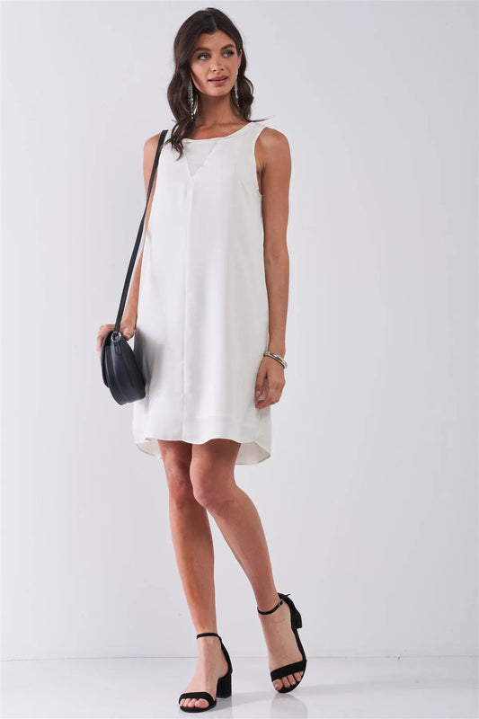 White Round Neck Sleeveless Front Cut-In Mesh Detail Mini Dress /1-3-1 - Tasha Apparel Wholesale